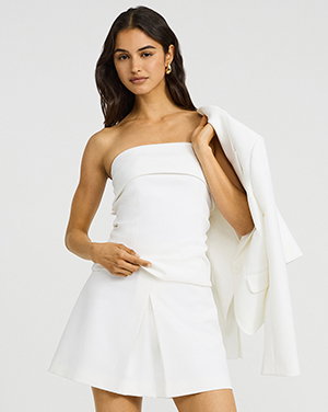 Studio Stretch Twill Fold Over Strapless Tailored Top + Studio Stretch Twill Super High Waisted Single Pleated Mini Skirt