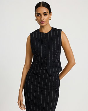 Linen-blend Striped Boat Neck Tailored Peplum Tank + Linen-blend Striped Super High Waisted Column Midi Skirt