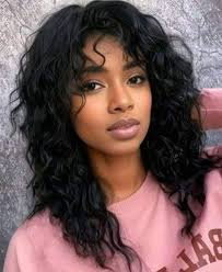 IDefinewig Glueless Beach Curly Wigs With Bangs Lace Front Human Hair Wigs