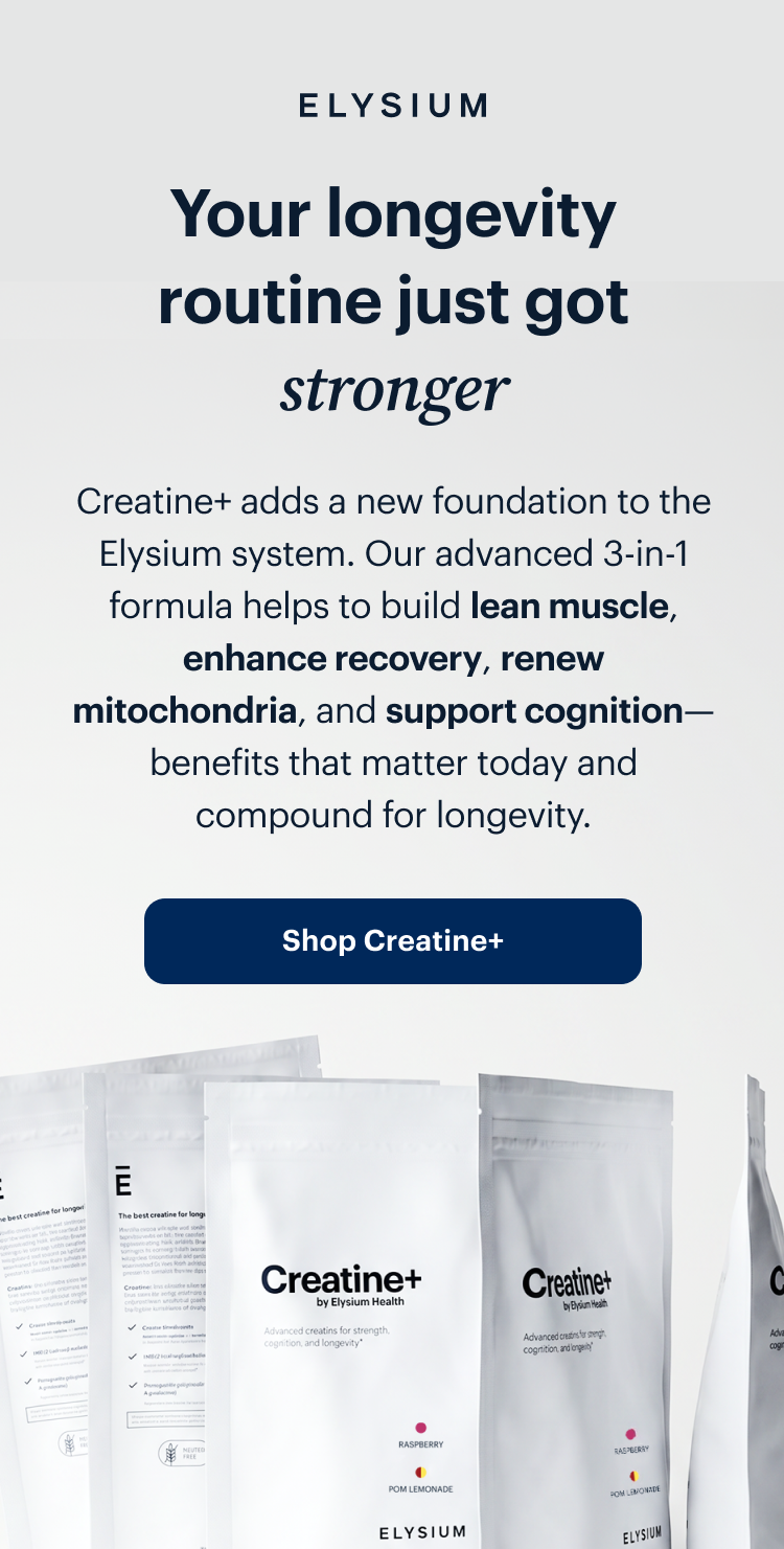 ELYSIUM | Your longevity routine just got stronger | Creatine+ adds a new foundation to the Elysium system. Our advanced 3-in-1 formula helps to build lean muscle, enhance recovery, renew mitochondria, and support cognition—benefits that matter today and compound for longevity. | Shop Creatine+