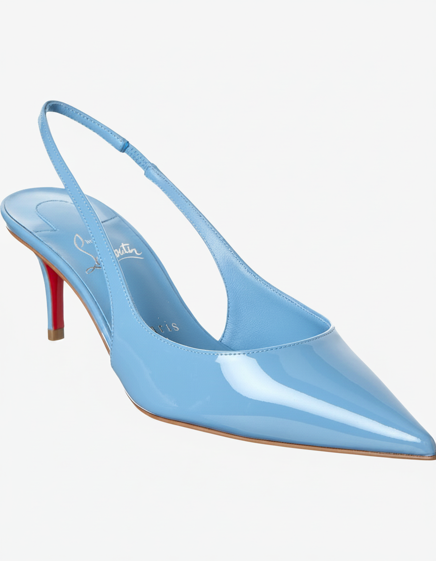 A light blue patent leather slingback heel with a pointed toe and a red sole.