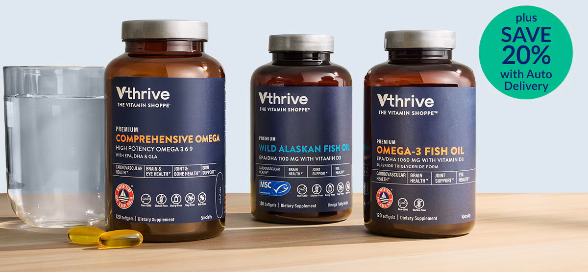 BOGO 50% OFF Vthrive The Vitamin Shoppe®* COMPREHENSIVE OMEGA, WILD ALASKAN FISH OIL AND OMEGA 3 FISH OIL items. Shop for these products