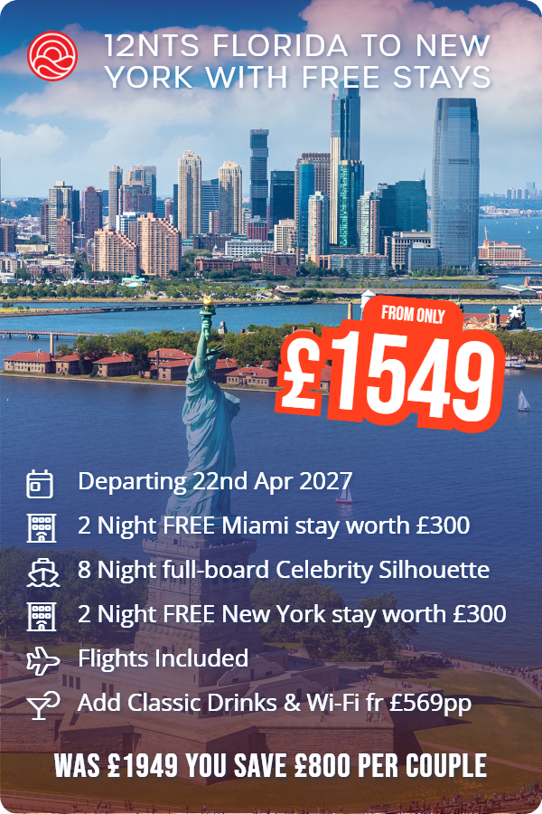 12nts Florida to New York with Free Stays – Smart Holiday promotional image. From £1,549 Includes: Departing 22nd Apr 2027, 2 Night FREE Miami stay worth £300, 8 Night full-board Celebrity Silhouette, 2 Night FREE New York stay worth £300, Flights Included, Add Classic Drinks & Wi-Fi fr £569pp. WAS £1949 YOU SAVE £800 PER COUPLE