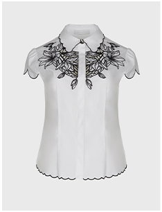 White Short Sleeve Poplin Shirt With Black Floral Embroidered Design