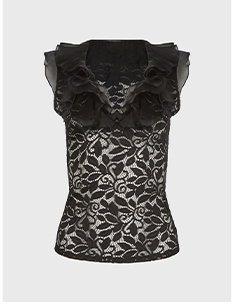 Black Sleeveless Sheer Floral Lace Top with Statement Ruffle Neckline