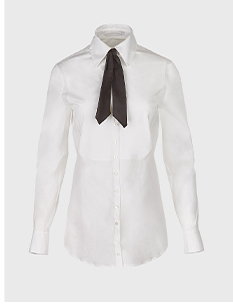 White Long Sleeve Tunic Length Shirt With Removable Black Neck Tie And French Cuffs