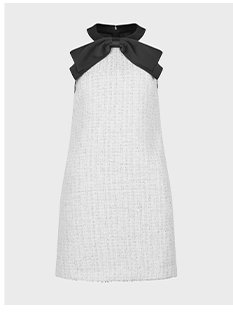 White & Silver Tweed Halter Style Dress With Black Satin Trim