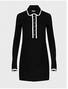 Black Long Sleeve Dress Featuring Classic Collar and Half-Placket With Pleated Trims