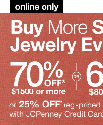 online only | Buy More Save More Jewelry Event | 70% OFF* $1500 or more OR 60% OFF* $800 or more OR 50% OFF* $325 or more | or 25% OFF* re-priced Fine Jewelry with JCPenney Credit Card & code | select styles | ends 7/12