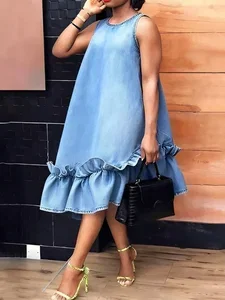 Image of Denim Urban Plain Peplum Crew Neck Midi Dress