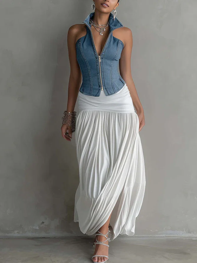 Image of Urban Plain Zipper Shawl Collar Denim Top
