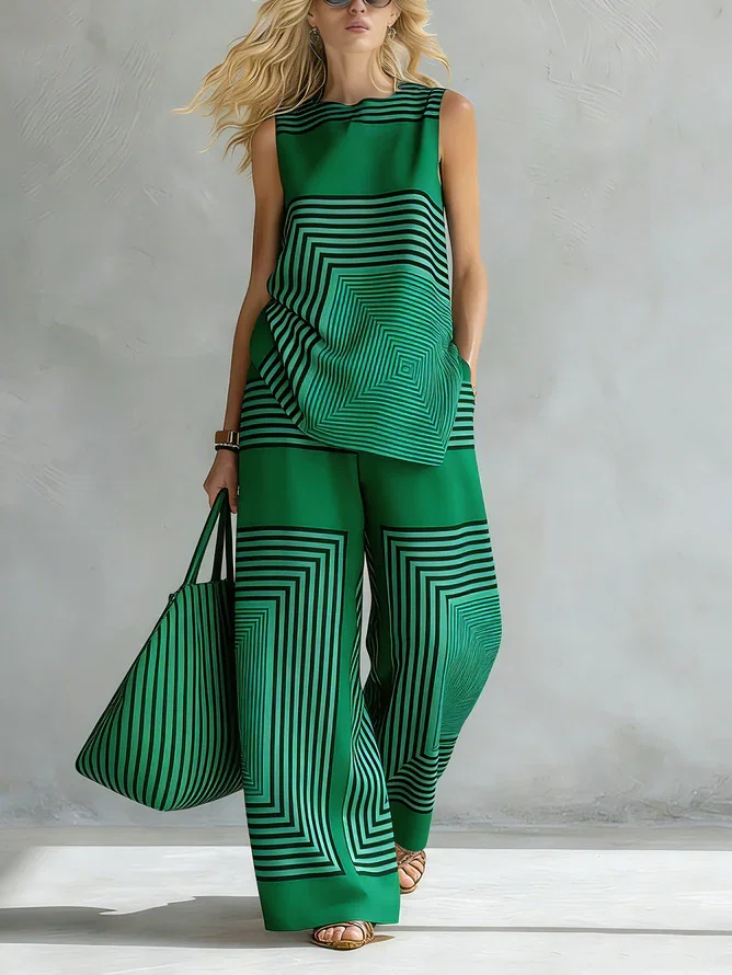 Image of Urban Geometric Stripe Sleeveless Top Loose Fit Lightweight Daily
