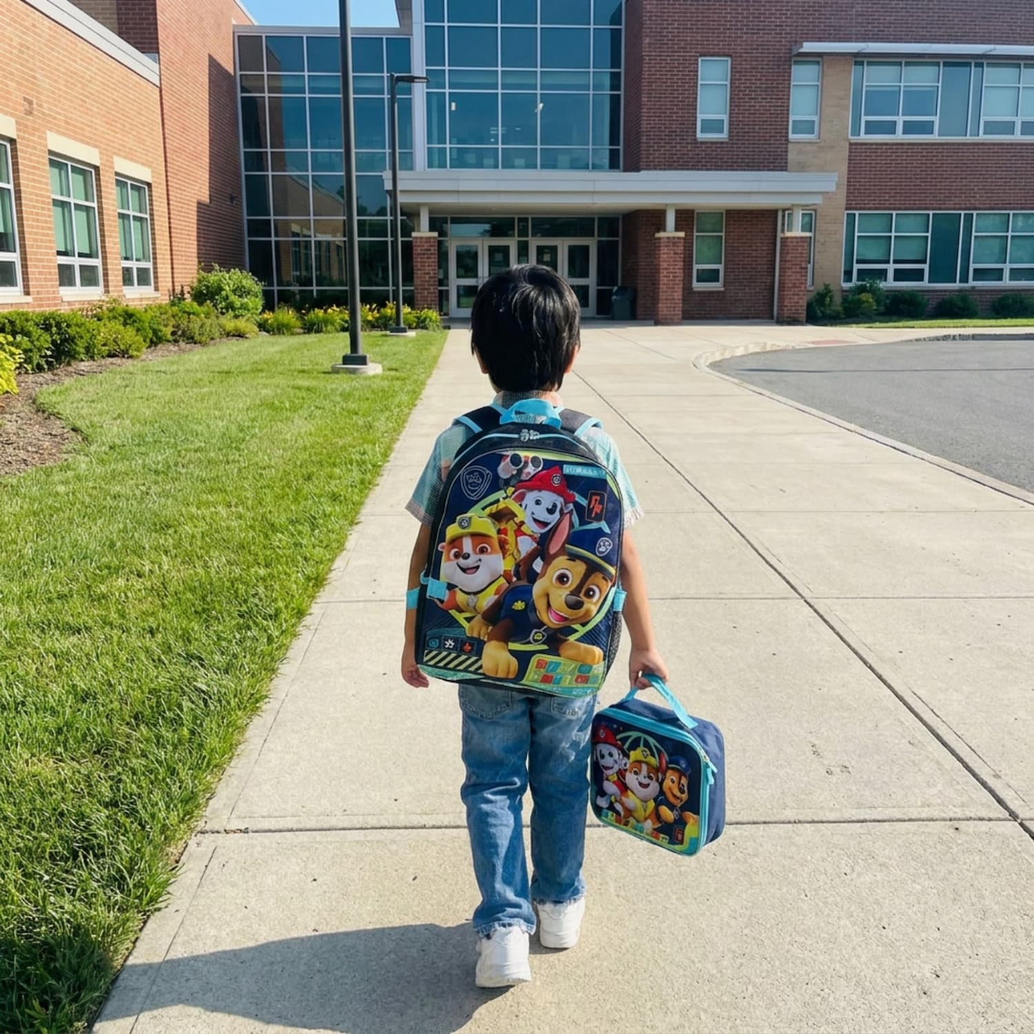 Little boy with paw patrol backpack and lunch box