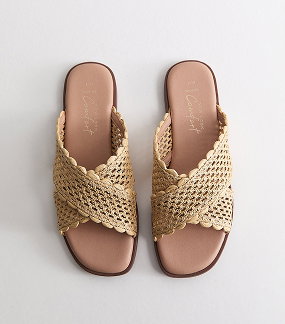 Wide Fit Off White Woven Raffia Look Flat Mules