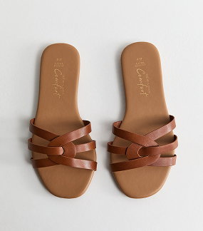 Extra Wide Fit Tan Faux Leather Interwoven Flat Mule Sandals