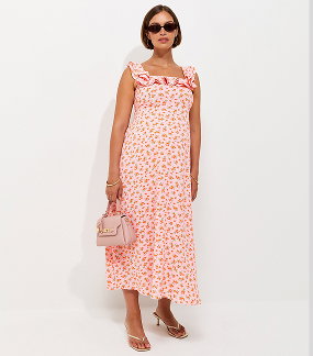 Maternity Pink Ditsy Floral Ruffled Neck Midi Dress