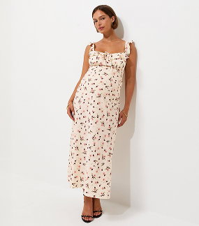 Maternity Cream Floral Ruff Strappy V Midi Dress