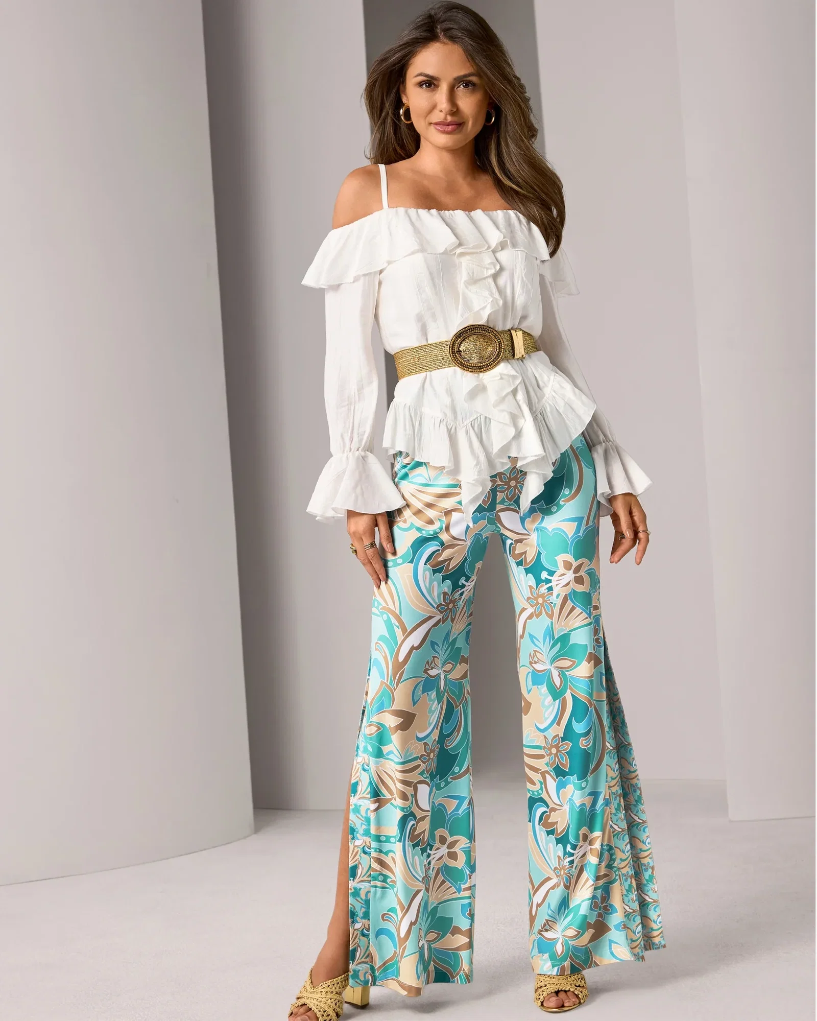 Image of Border Abstract Print Side Slit Pant Agua Abstract