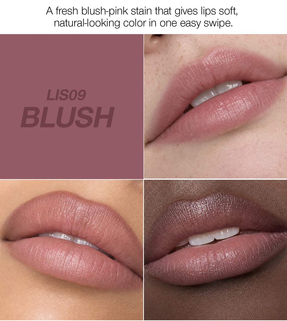 Palladio Lip Stain Marker in Blush shown on multiple lips and skin tones.