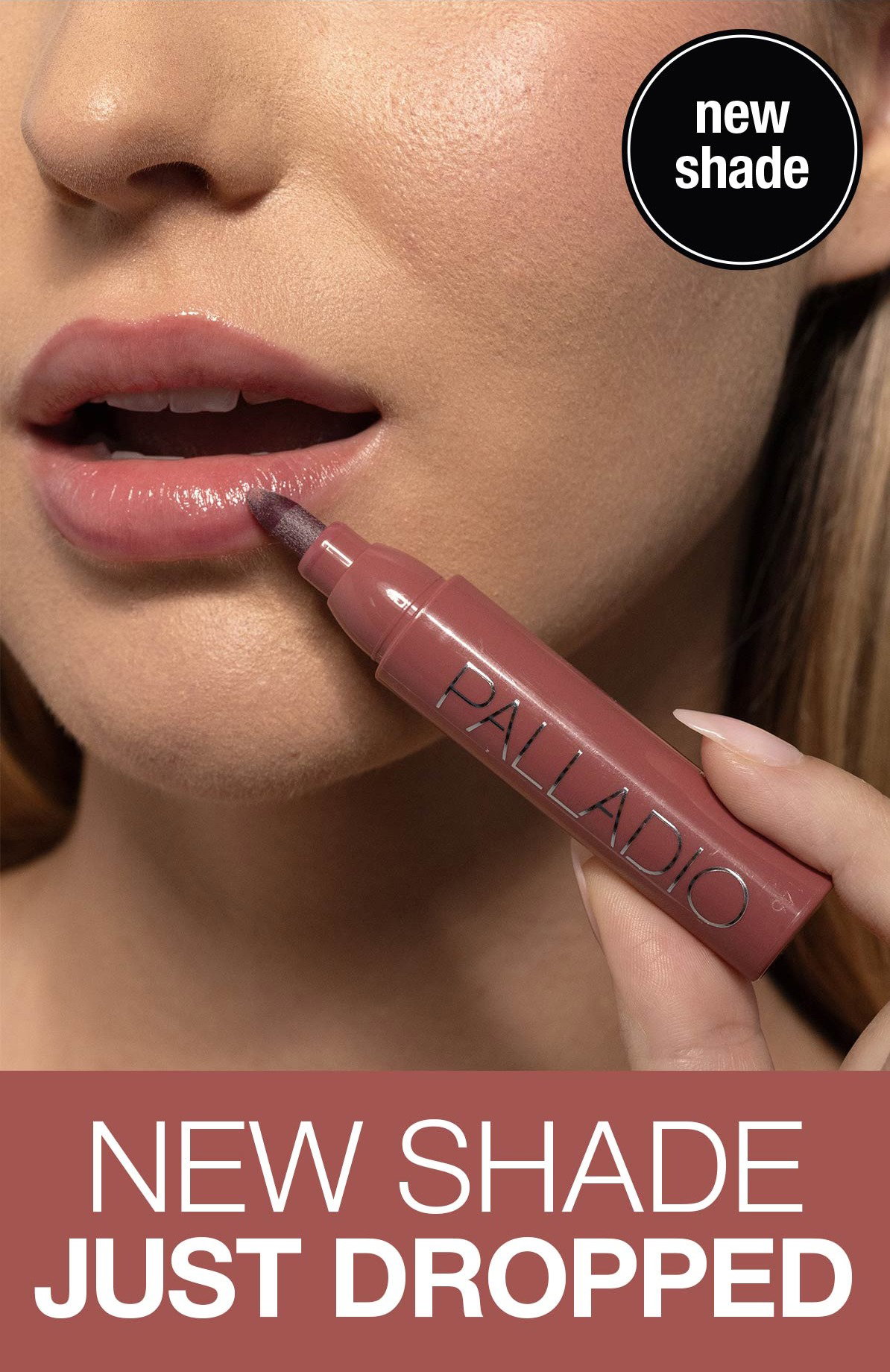 Palladio Lip Stain Marker in Blush applied to lips with new shade just dropped text.