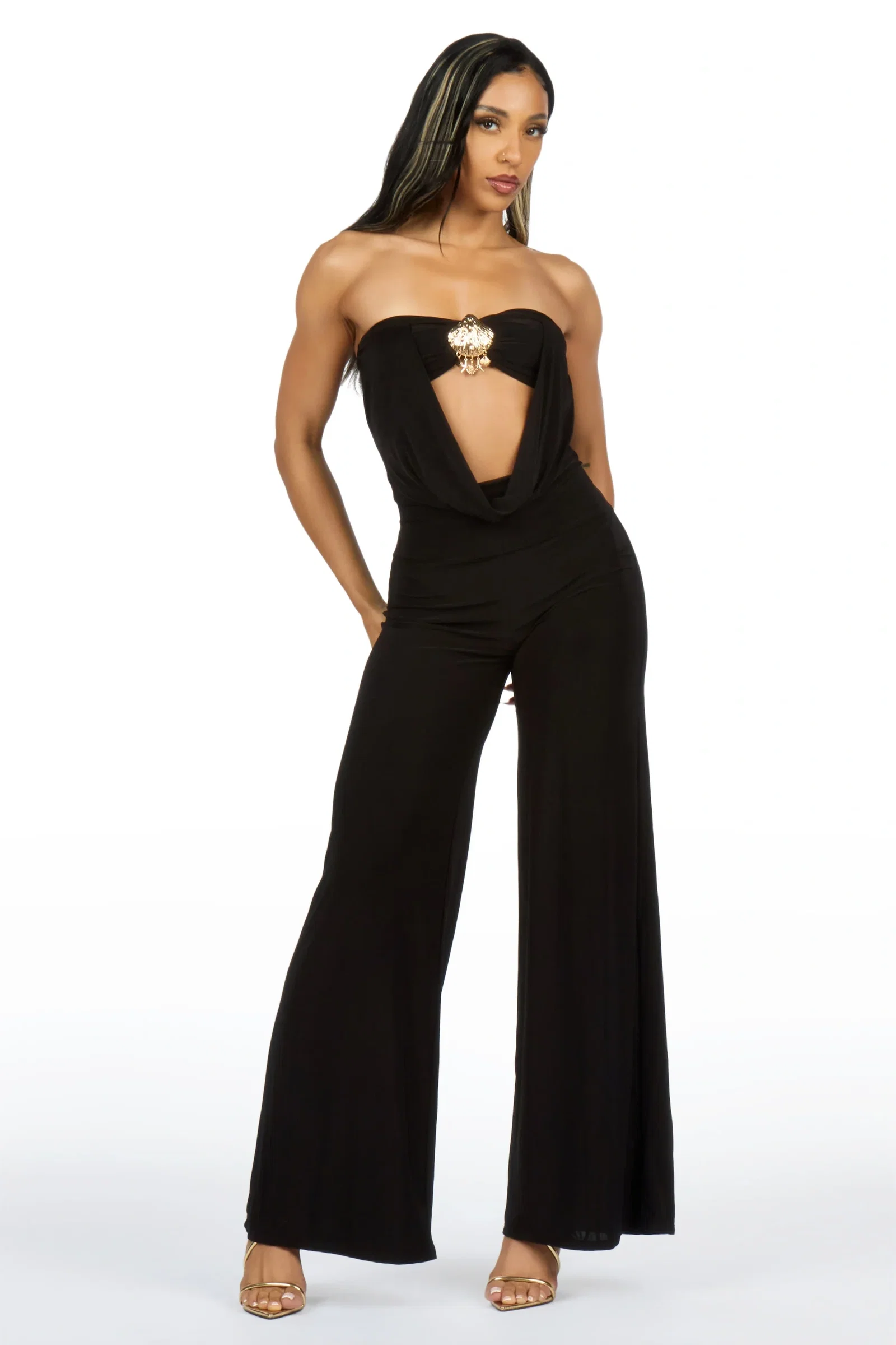 Image of Drama-tic Black Strapless Cut-Out Jumpsuit