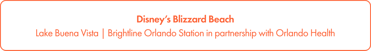 Horizontal banner featuring the text “Disney’s Blizzard Beach” centered at the top. Below, a subtitle reads “Lake Buena Vista | Brightline Orlando Station in partnership with Orlando Health.” The design uses a clean white background with orange text and an orange border. The layout is minimal and informational, suitable for digital or print signage.