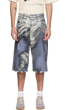 Blue Distorted Print Distressed Denim Shorts - CAMPERLAB