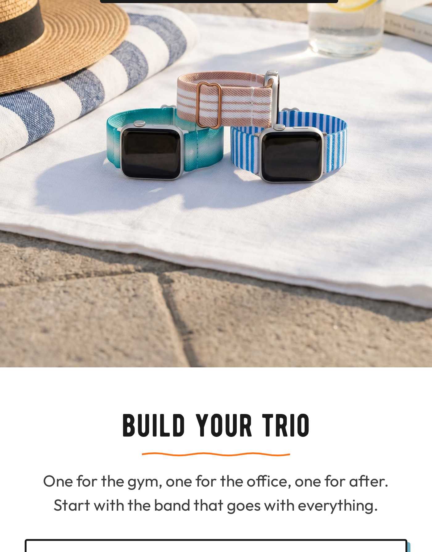 Three Apple Watch bands on a picnic blanket. Build Your Trio: One for the gym, office, after. Start with the band that goes w