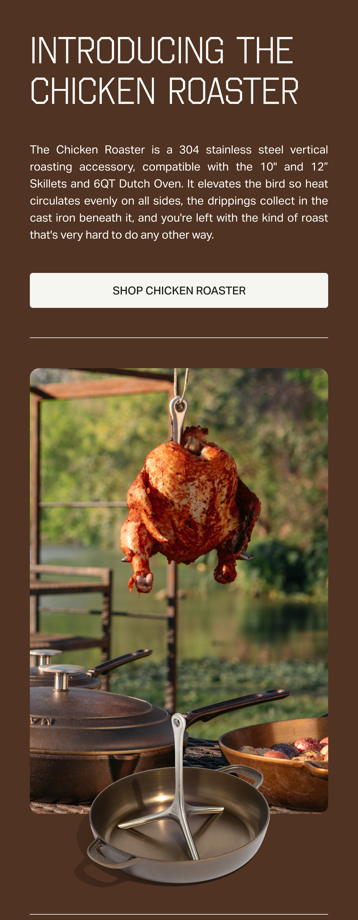 Introducing The Chicken Roaster, A 304 Stainless Steel Vertical Roasting Accessory - Image of Made In Chicken Roaster Being Used Outdoors