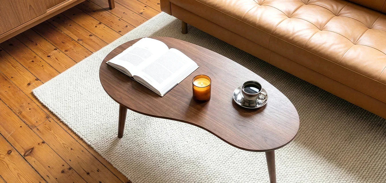 Sofá de cuero marrón junto a una mesa de café de madera con un libro abierto, una vela encendida y una taza de café sobre una alfombra crema sobre suelo de madera.