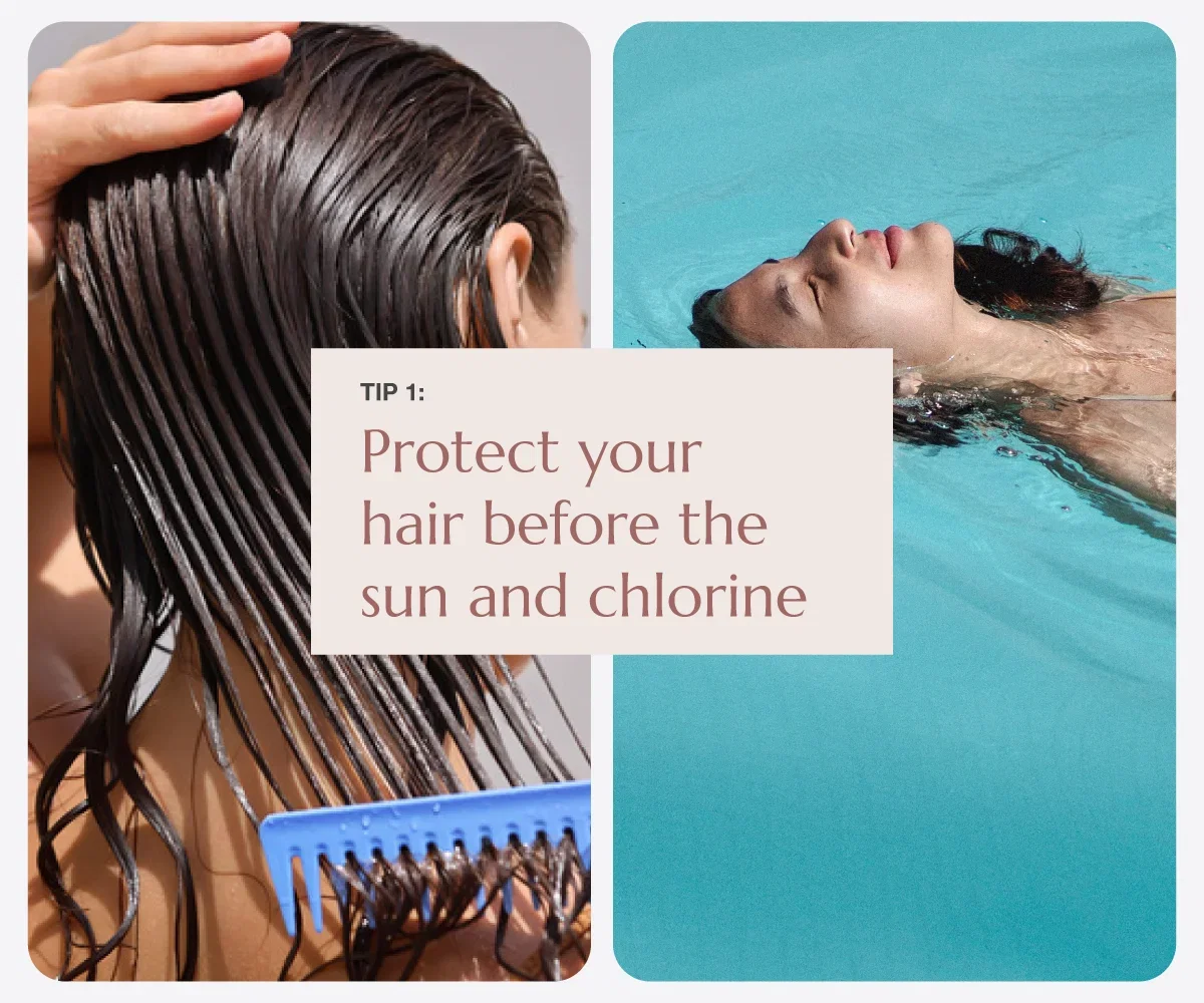 Split photo showing a close-up of wet hair being rinsed on the left, and a woman floating peacefully in a clear blue swimming pool on the right.