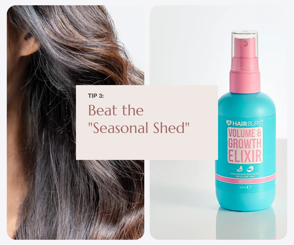 Split photo showing a close-up of a woman's long, dark brunette hair on the left, and a teal bottle of Hairburst Volume & Growth Elixir next to a 