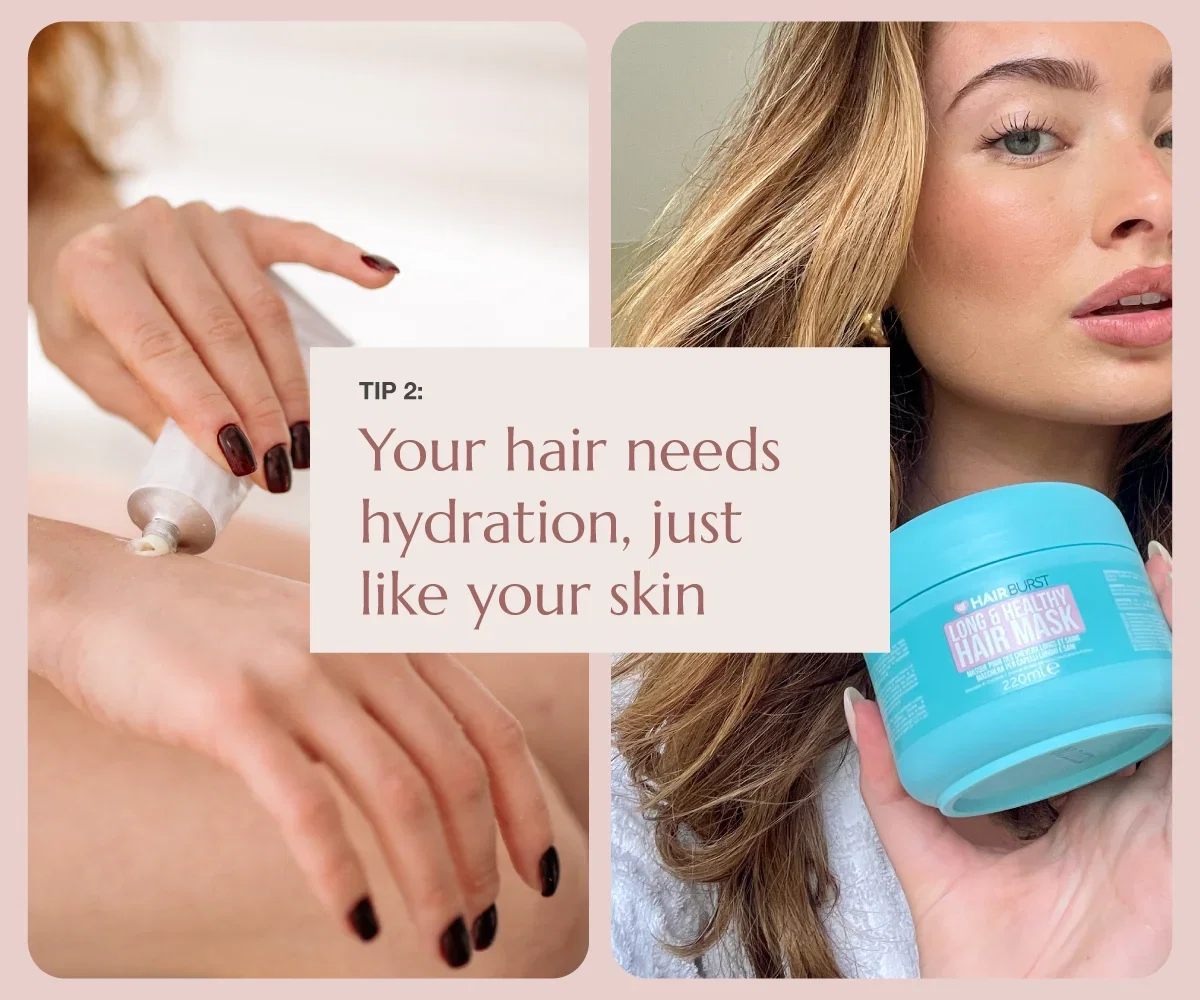 Split photo showing a woman squeezing product from a tube onto her arm on the left, and a woman with long blonde hair holding a blue jar of Hairburst Long and Healthy Hair Mask on the right.