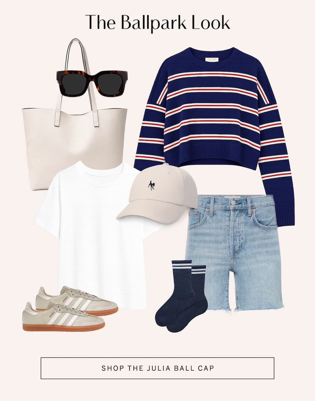 Outfit with striped sweater, denim shorts, tote, sneakers, and Julia Ball Cap. “Shop the Julia Ball Cap.”