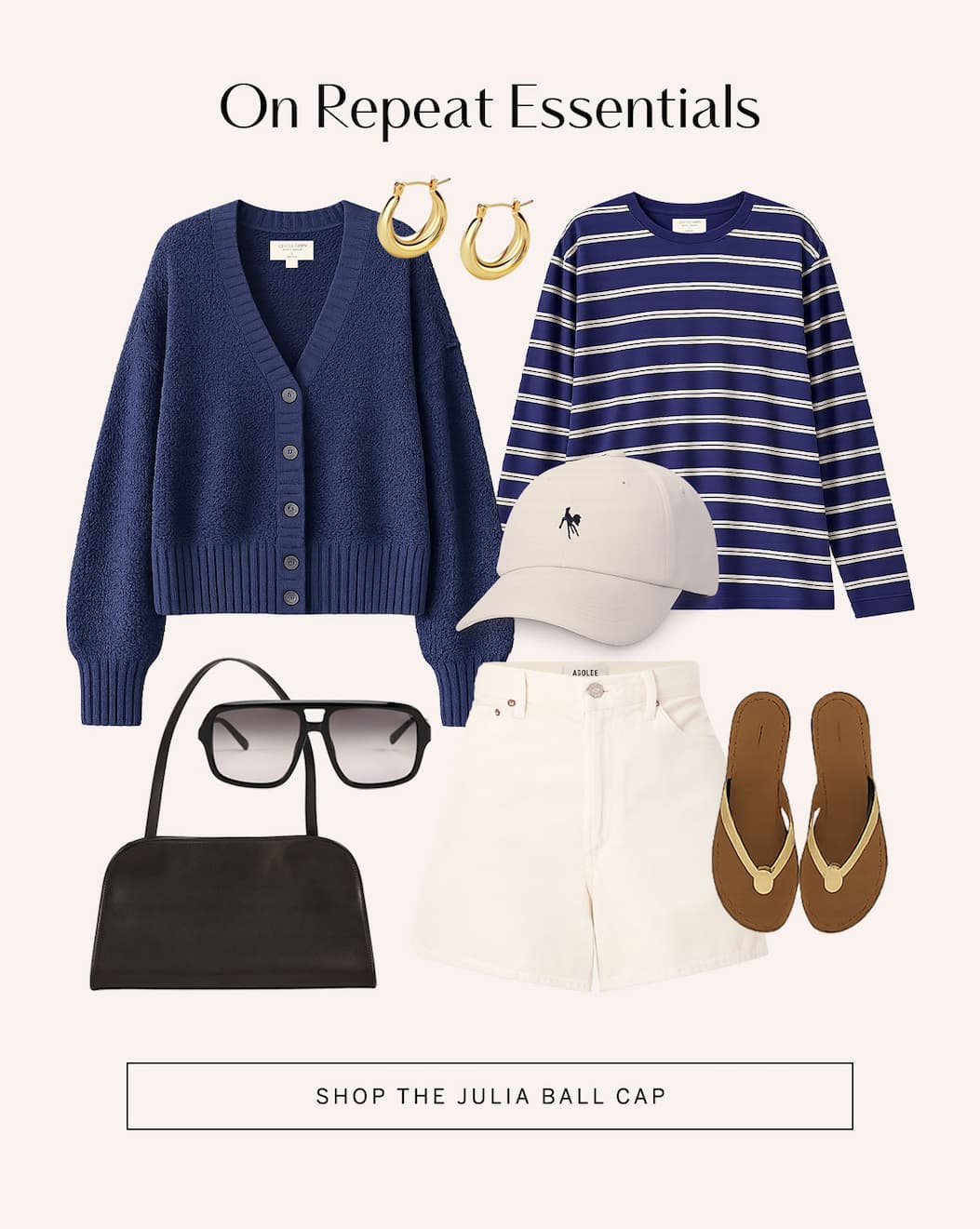 Outfit with navy cardigan, striped top, white shorts, Julia Ball Cap, bag, and sandals.