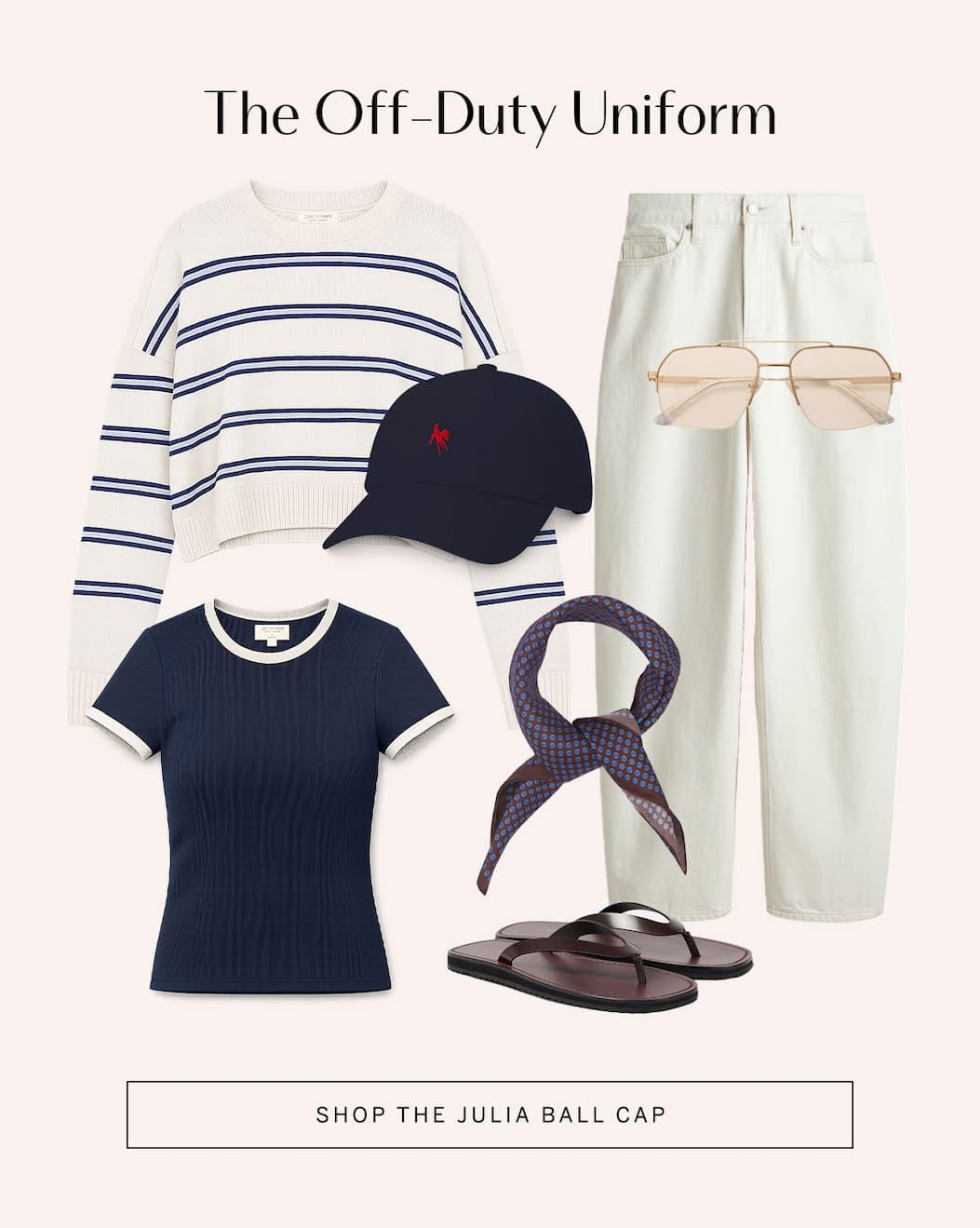 Outfit with striped knit, navy tee, white pants, scarf, sandals, and Julia Ball Cap.
