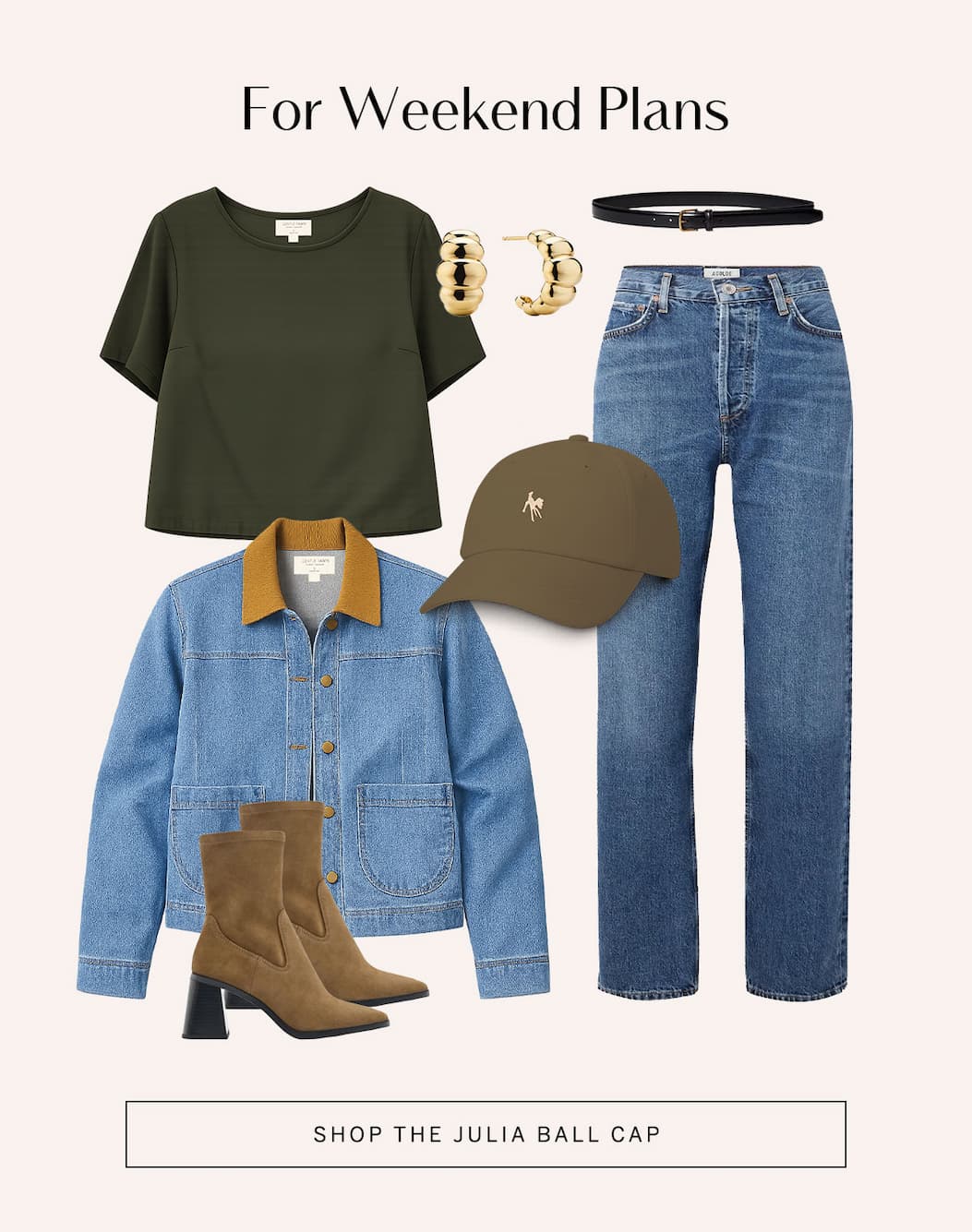 Outfit featuring olive tee, denim jacket, jeans, boots, and Julia Ball Cap. “Shop the Julia Ball Cap.”
