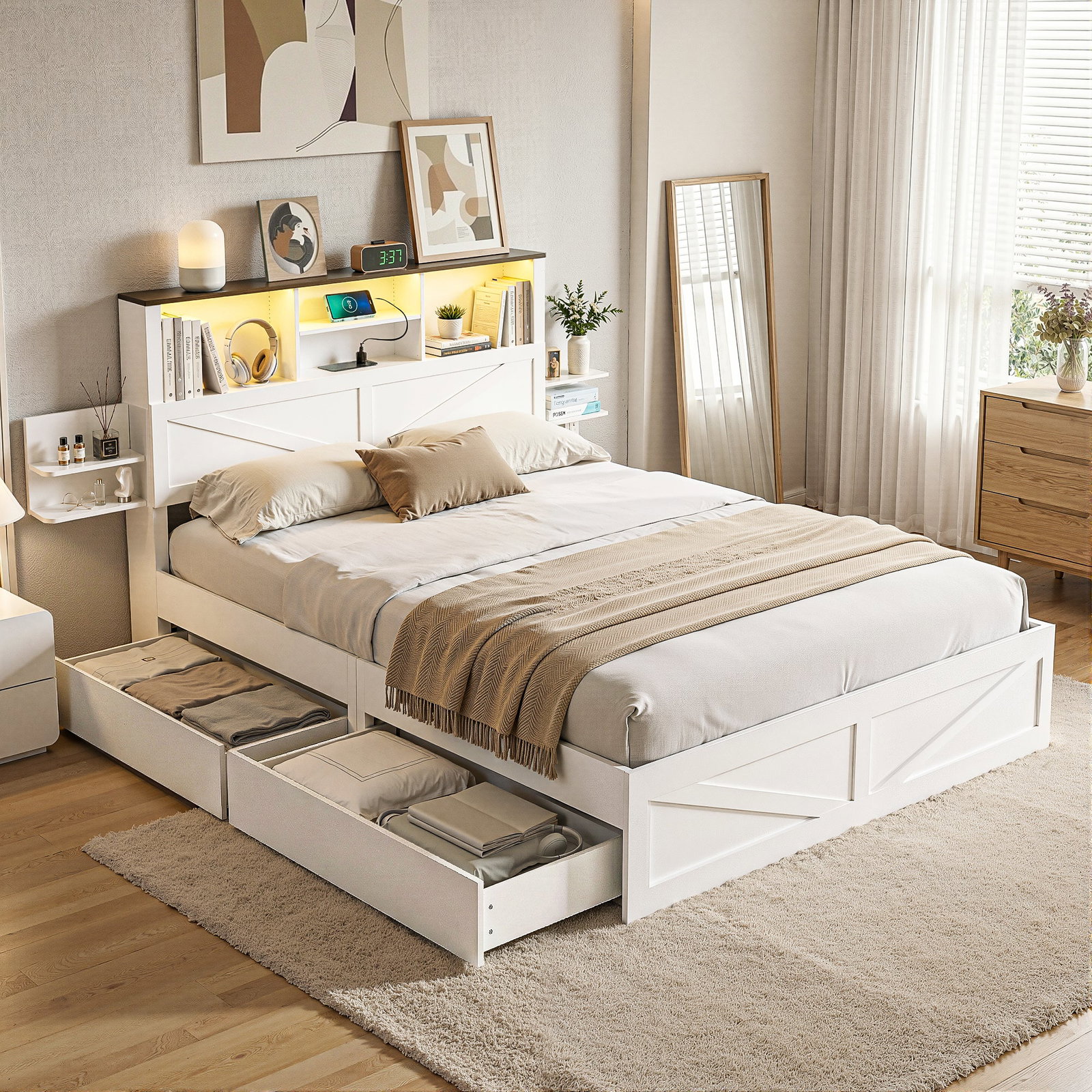 Double Bed Frame with Storage Drawers White Platform Bedframe with Bookcase Headboard Charging Station Led Light