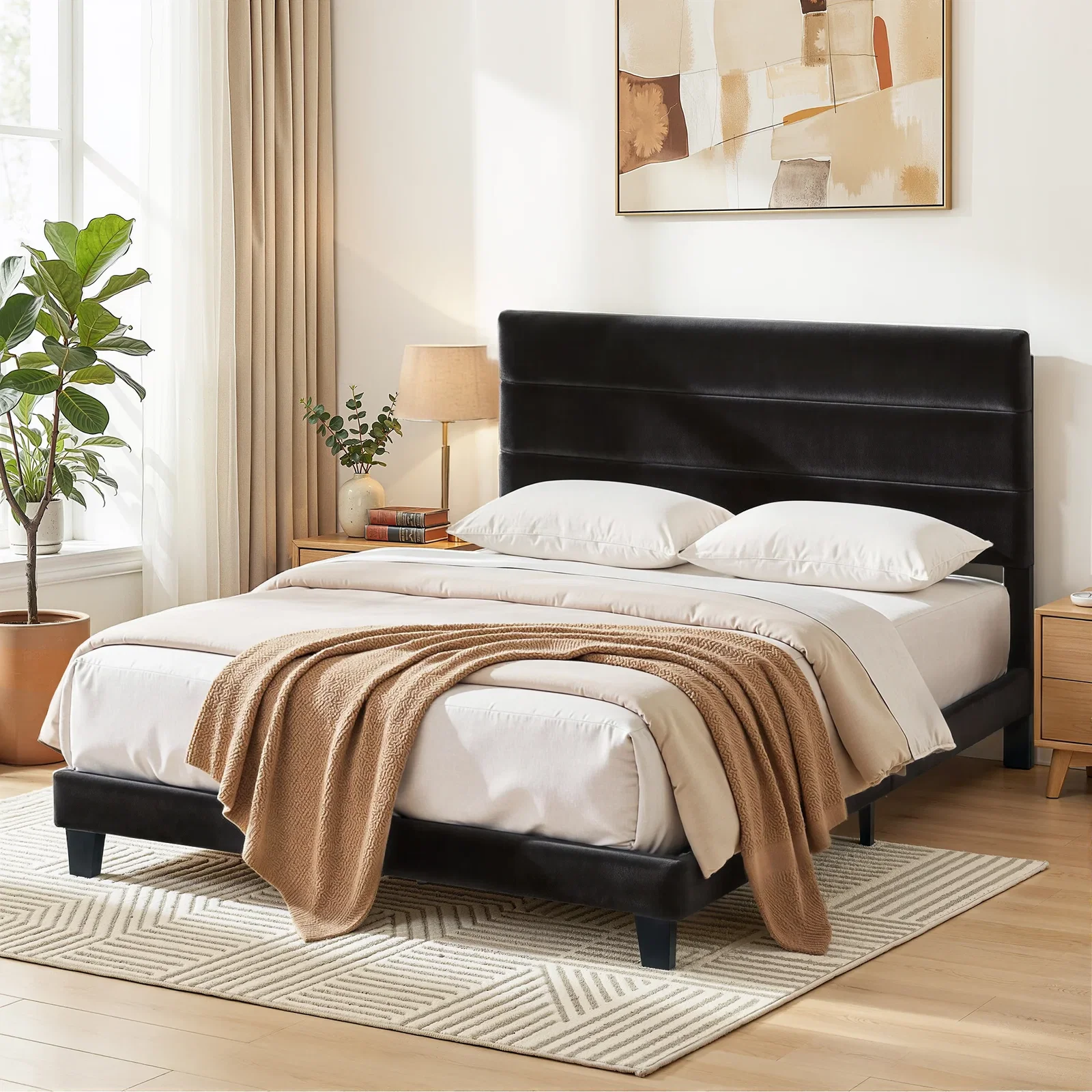 Double Bed Frame Upholstered Platform Base with Geometric Headboard Black Velvet