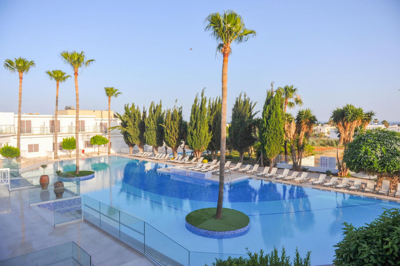 Resort swimming pool with clear blue water, central palm on a small island, rows of sun loungers and tall palms under a pale blue sky