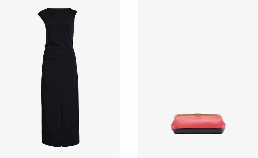 Damea Dress in Black Matte Double Crepe and Armory Clutch in Tomato and Black Striped Nappa Plonge