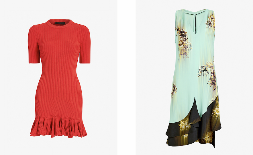Leandra Dress in Red Viscose Ribbed Godet and Rhetta Dress in Glass Multi Printed Viscose Cady