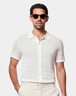 Cream Premium Button Through Zig Zag Stitch Polo Shirt