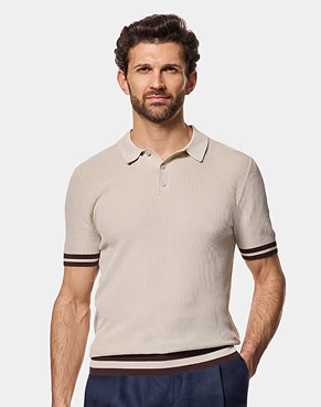 Light Taupe Premium Tipped Textured Knit Polo Shirt
