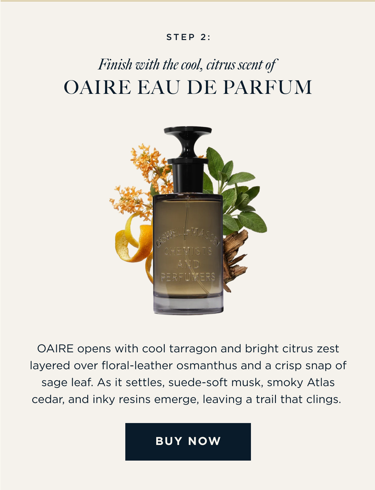 STEP 2: Finish with the cool, citrus scent of OAIRE Eau de Parfum OAIRE opens with cool tarragon and bright citrus zest layered over floral-leather osmanthus and a crisp snap of sage leaf. As it settles, suede-soft musk, smoky Atlas cedar, and inky resins emerge, leaving a trail that clings.  [ BUY NOW ]
