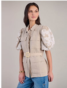 Sand Linen Short Sleeve Safari Jacket With Puff Sleeves and White Embroidered Lace Inserts