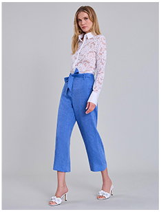 Wide-Leg Cropped Chambray Pant with Self-Fabric Belt