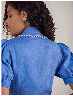 Blue Linen Shirt With Short Puff Sleeves and French Cuffs