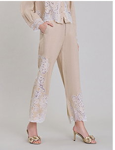 Sand Linen Wide Leg Cropped Pants With White Lace Arabesque Pattern
