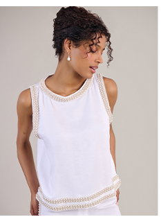White Linen Sleeveless Pullover Shirt With Pearls and Bead Ribbon Along the Neckline, Armholes and Hem